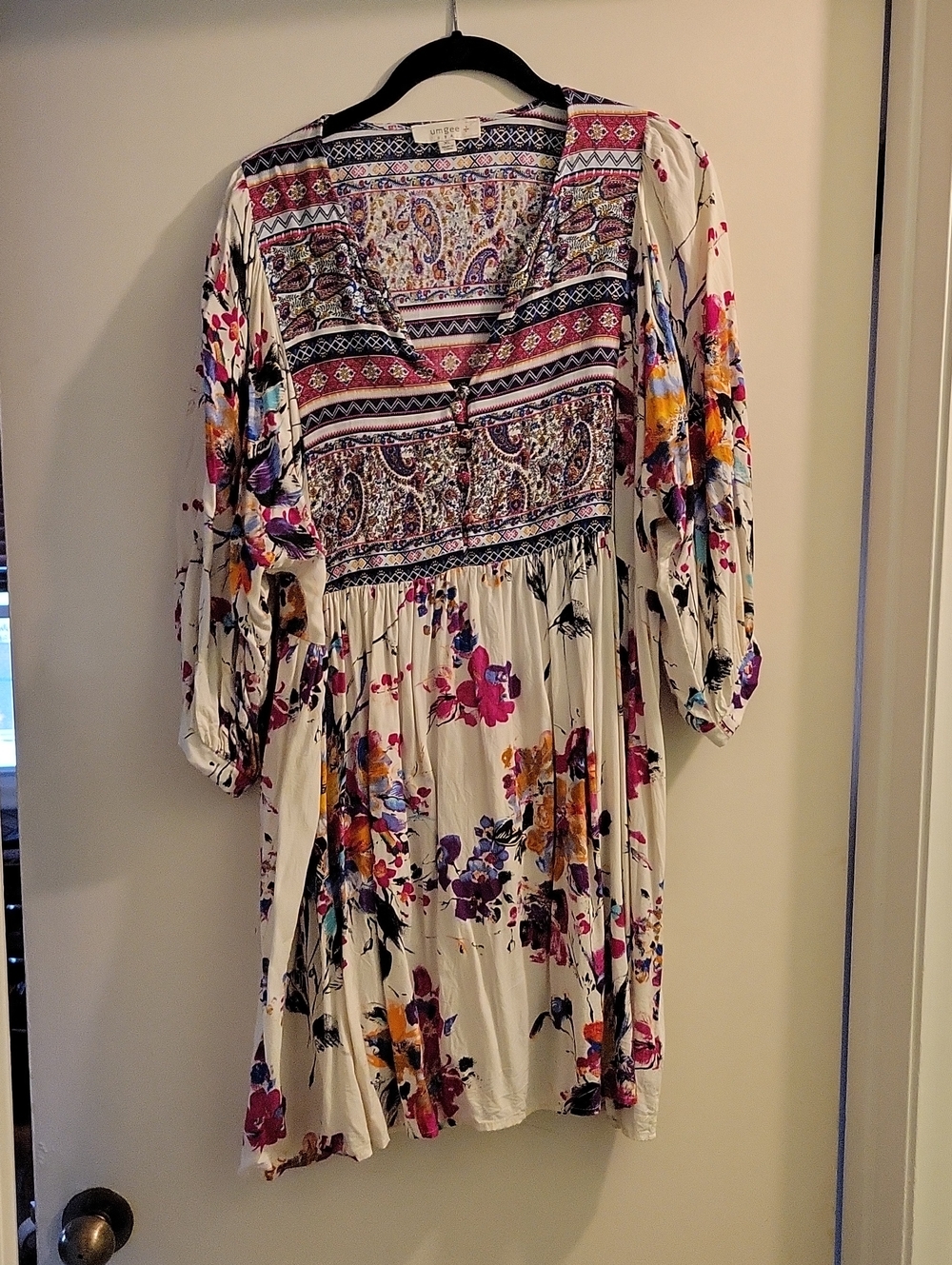 Umgee White Floral Mini Dress with Pink, Purple & Orange Accents